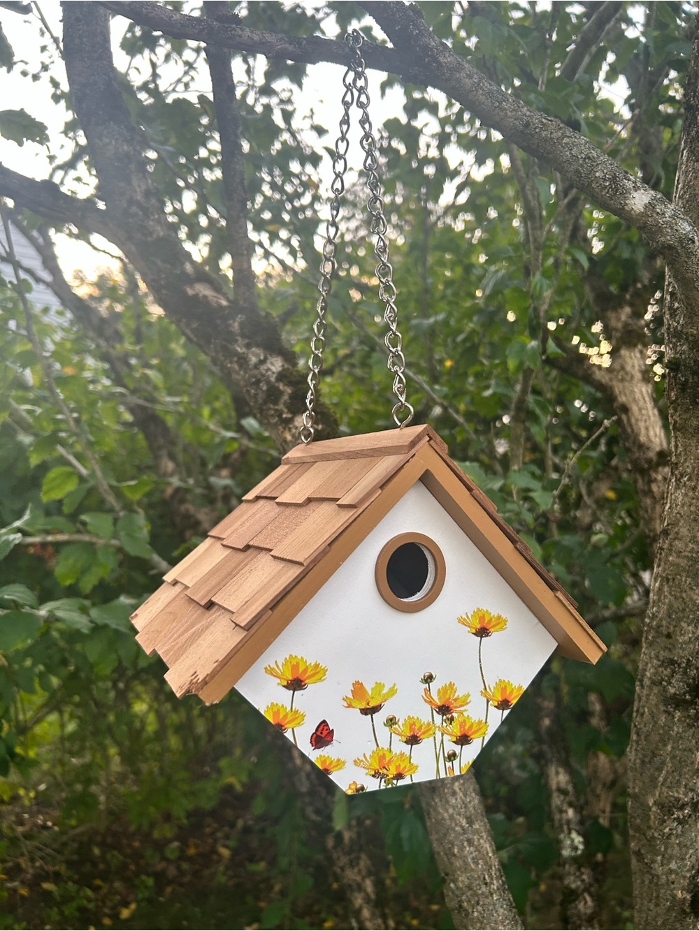 Home Bazaar Decorative Yellow Floral Bird House with Hanging Chains